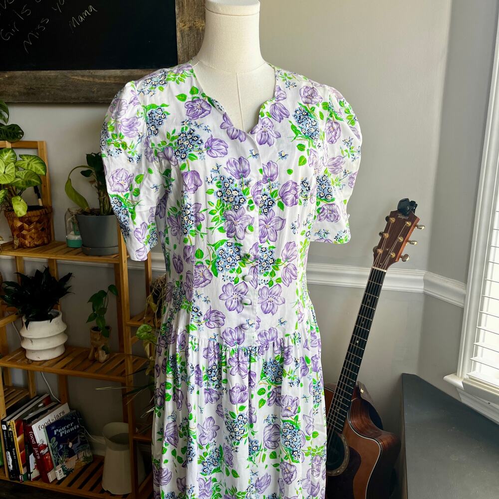 Vintage 80s Drop Waist Maxi Dress Cottagecore White Purple Green Floral Size 10